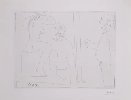 Гравюра Picasso - Peintre et modele de dos, avec un spectateur