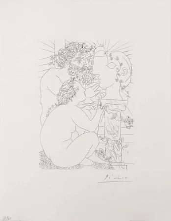 Гравюра Picasso - Sculpteur Avec Son Modele, Sa Sculpture Et Un Bol D'Anemones (Sculptor with His Model, His Sculpture, and a Bowl of Anemones) from the Vollard Suite