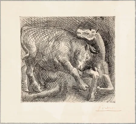 Офорт Picasso - TAUREAU ATTAQUANT UN CHEVAL. Eau-forte originale signée en rouge (1921)