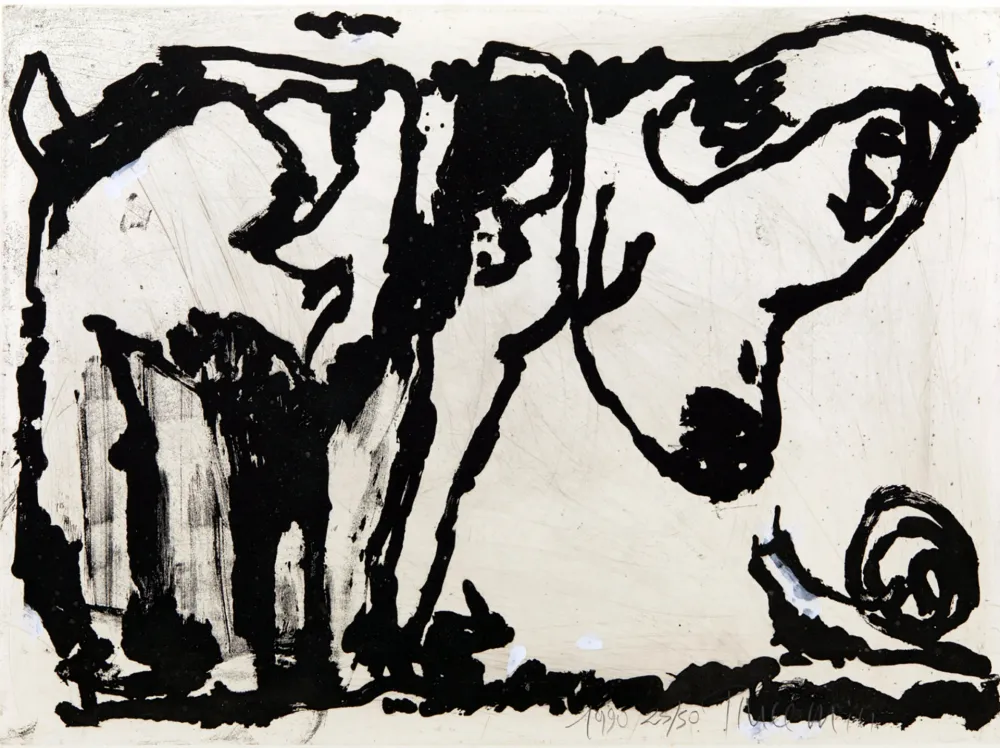 Акватинта Pincemin - Le chien et l’escargot. Épreuve rehaussée à la gouache (1990)