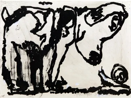 Акватинта Pincemin - Le chien et l’escargot. Épreuve rehaussée à la gouache (1990)