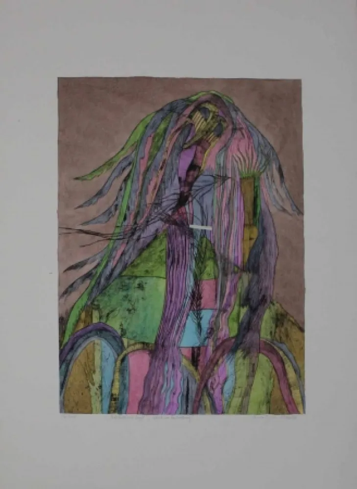 Гравюра Сухой Иглой Pyroth - Pelzhaus mit Engel.  Schutz vor Bedrohung