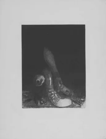 Литография Redon - Des fleurs tombent, e la tete d'un phyton parait