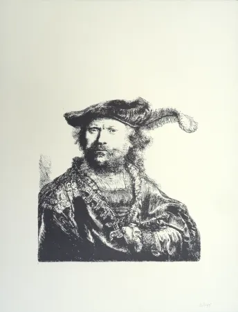 Литография Rembrandt - Autoportrait au béret et à la plume