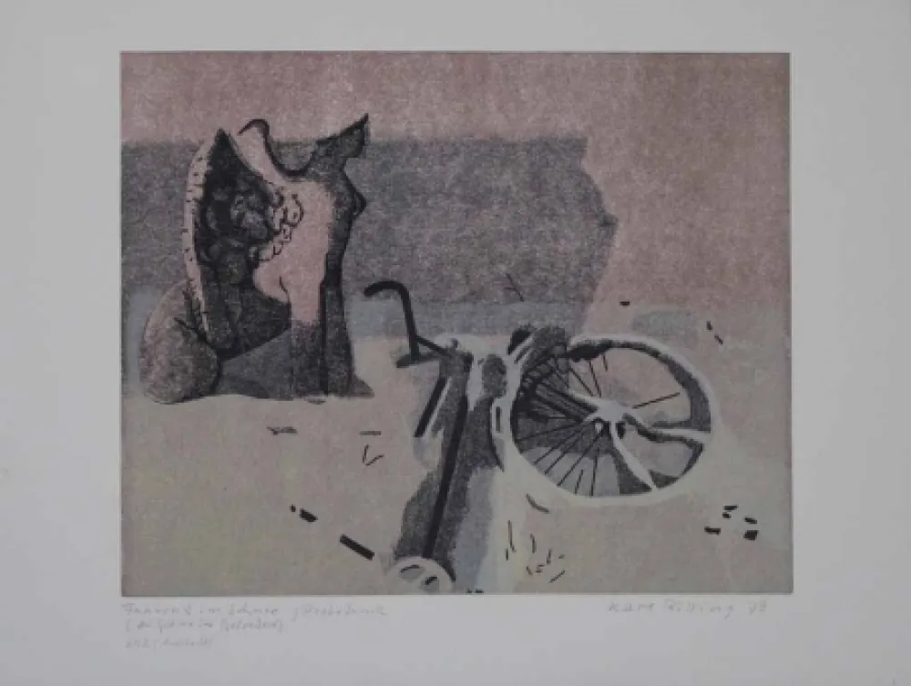 Линогравюра Rössing - Fahrrad im Schnee (Der Sphinx im Belvedere)