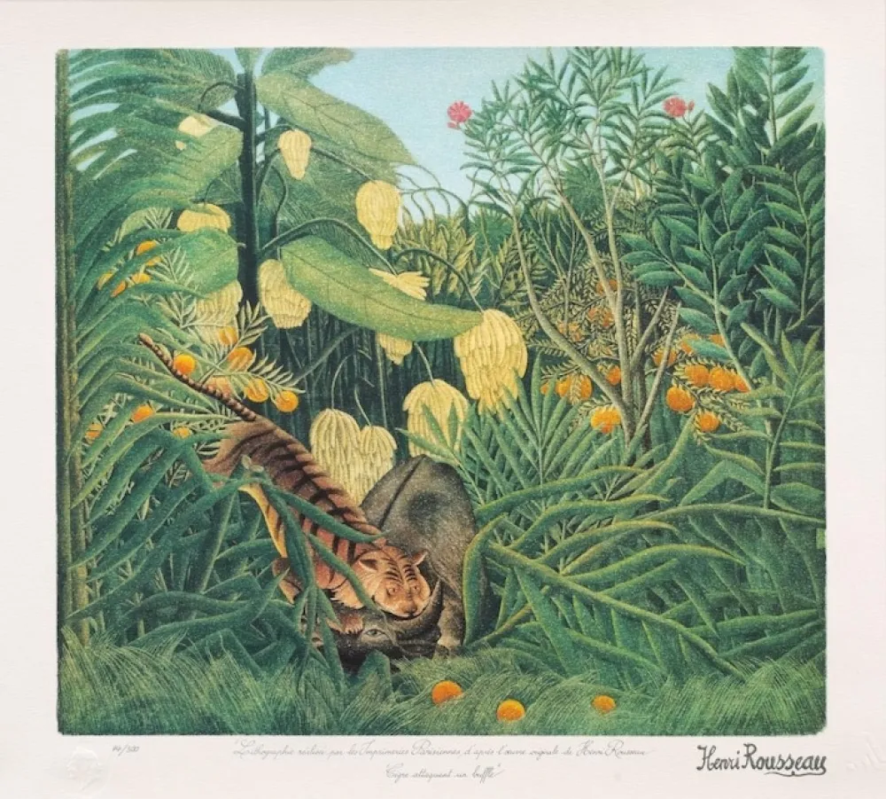 Литография Rousseau - Tigre atacando a un búfalo