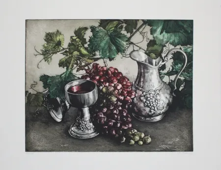 Офорт И Аквитанта Rusch - Stilleben mit Wein / Still Life with Wine