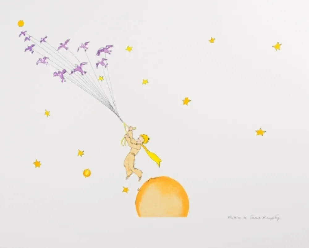 Литография Saint-Exupéry - Le Petit Prince en route vers une autre planète