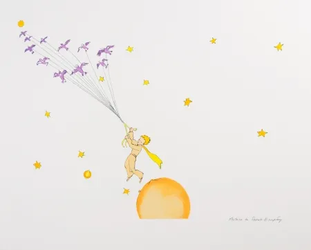 Литография Saint-Exupéry - Le Petit Prince en route vers une autre planète