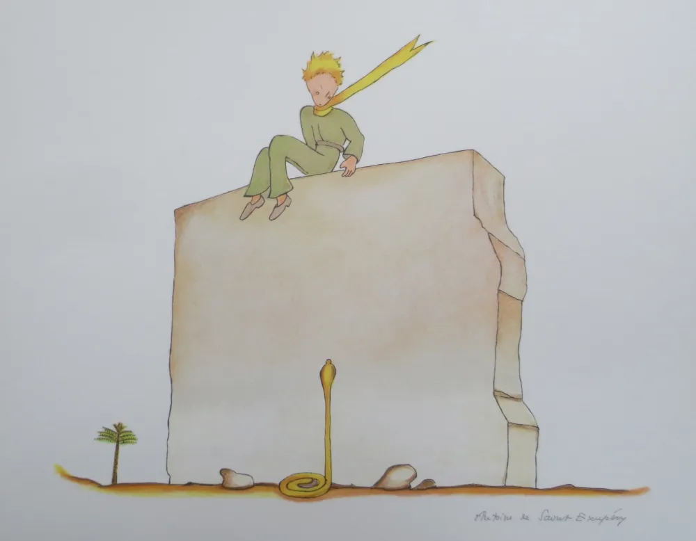 Литография Saint-Exupéry - Le petit prince et le serpent au pied du mur
