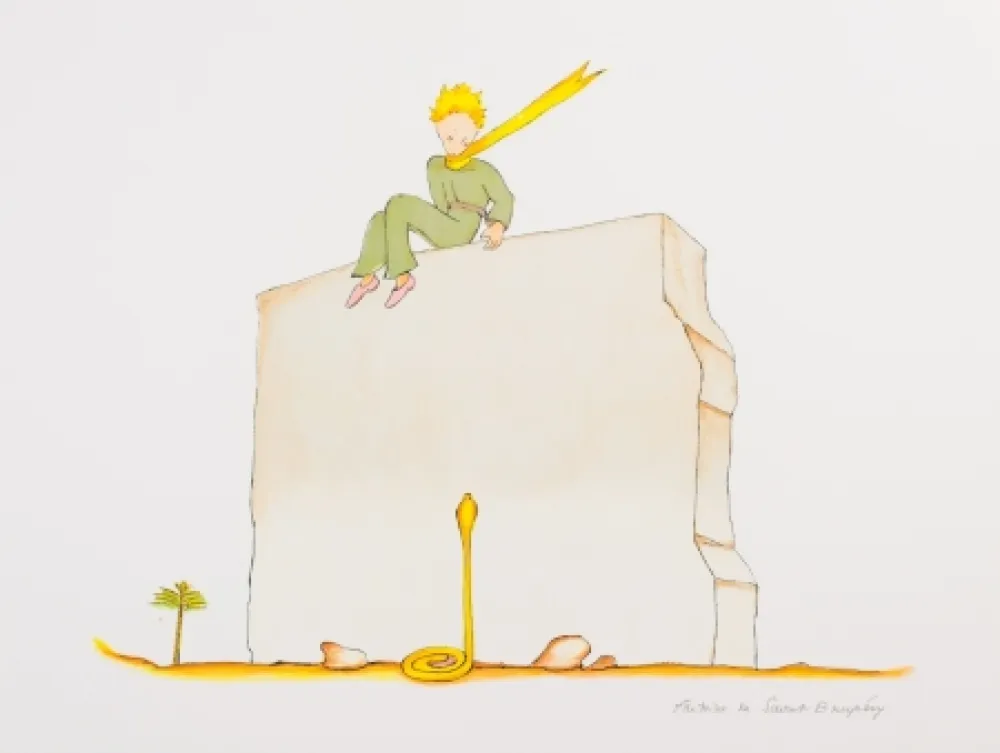 Литография Saint-Exupéry - Le Petit Prince et le serpent au pied du mur