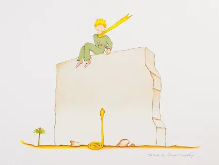 Литография Saint-Exupéry - Le Petit Prince et le serpent au pied du mur