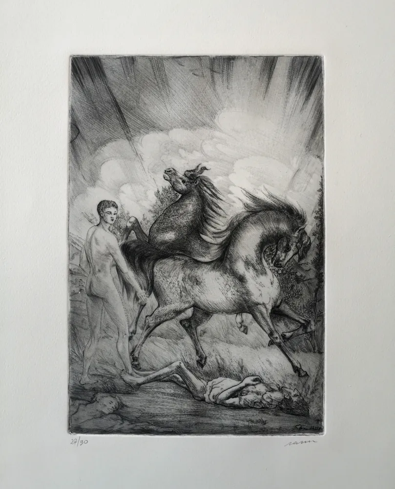 Офорт Sassu - Le cavalle ucraine sconvolgono la terra senza pietà.