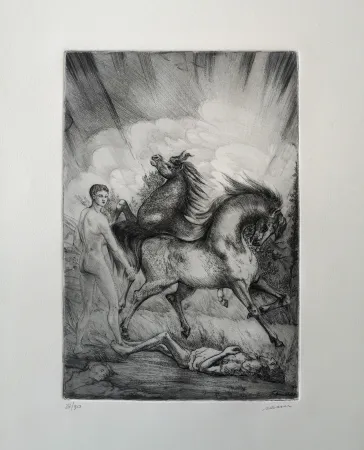 Офорт Sassu - Le cavalle ucraine sconvolgono la terra senza pietà.