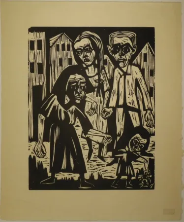 Гравюра На Дереве Scherer - Vier Figuren vor Häusern