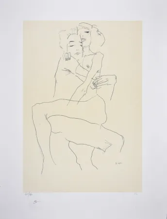 Литография Schiele - Couple enlacé / couple embracing - 1911