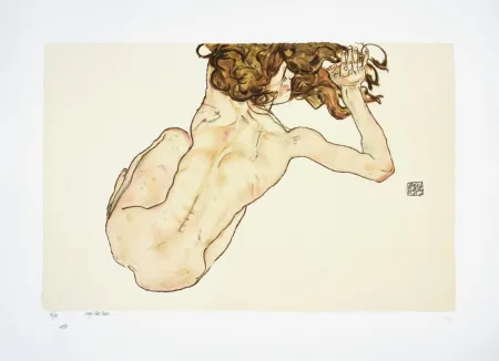 Литография Schiele - La femme aux cheveux roux, 1917 I The woman with red hair, 1917 (Kauernder Rückenakt / Crouching Nude, Back View)