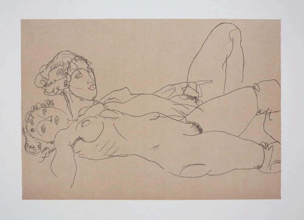 Литография Schiele - Les 2 filles / Two girls, 1914 (Two recicling nude girls)