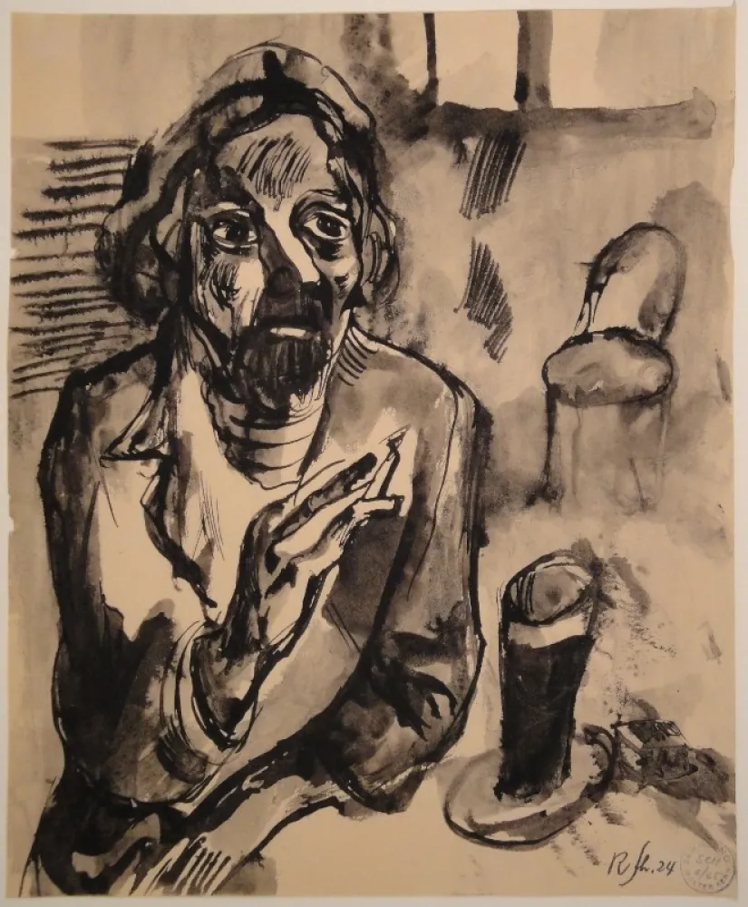 Нет Никаких Технических Schürch - Männliches Porträt (Selbstporträt) mit Glas und Stuhl