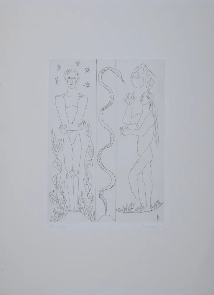 Гравюра Survage - Jardin d'Eden : Adam et Eve, vers 1930 - Hand-signed