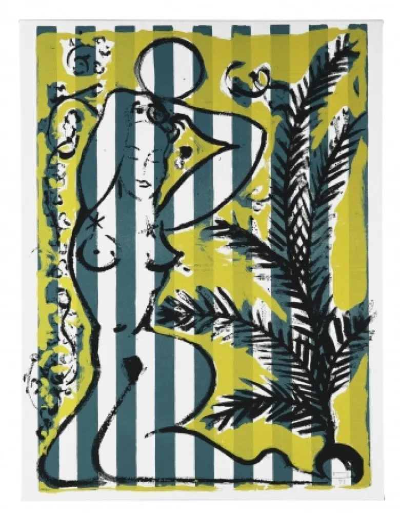 Сериграфия Szczesny - Nude with Palms on Green Stripes