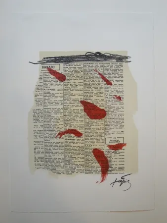 Литография Tàpies - Rouge sur papier journal