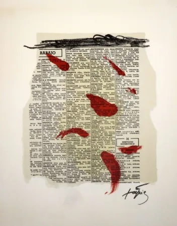 Литография Tàpies - Rouge sur papier journal