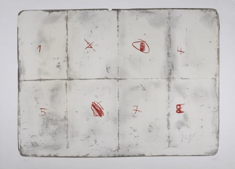Литография Tàpies - Toile pliée et chiffres, 1974 - Hand-signed