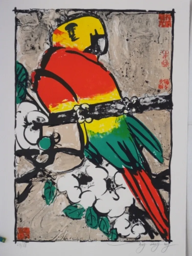 Литография Tongzhengang - Perroquet fond beige