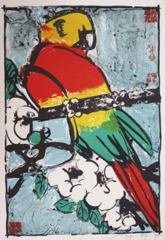 Литография Tongzhengang - Perroquet fond bleu 