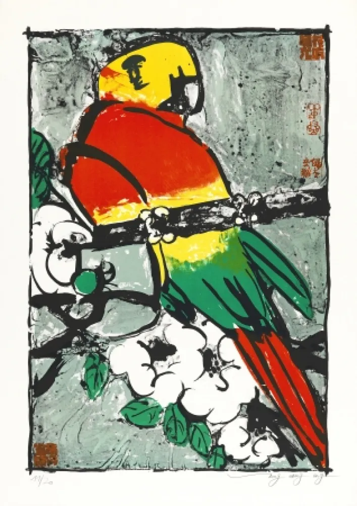 Литография Tongzhengang - Perroquet  fond gris bleu