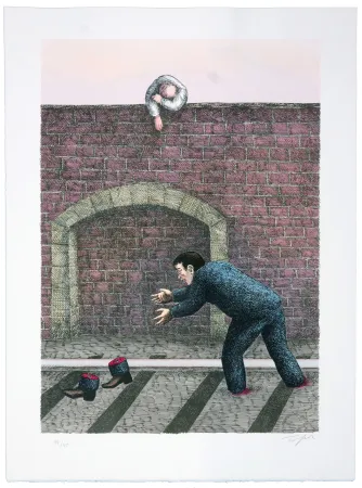 Литография Topor - Gare de Mâcon, Mouroux eut les jambes coupées en deux par une machine. 