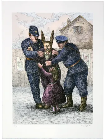 Литография Topor - Le lapin de Montmartre (Lucien Undreiner) est arrêté. On le soupçonne d'un cambriolage (Asnières) et d'un meutre (Courbevoie)