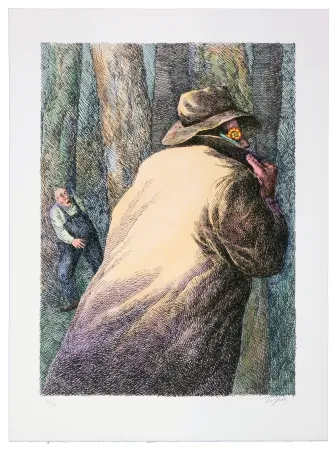 Литография Topor - Le sombre rôdeur aperçu par le mécanicien Gicquel, près de la gare d'Herblay, est retrouvé : Jules Ménard, ramasseur d'escargots