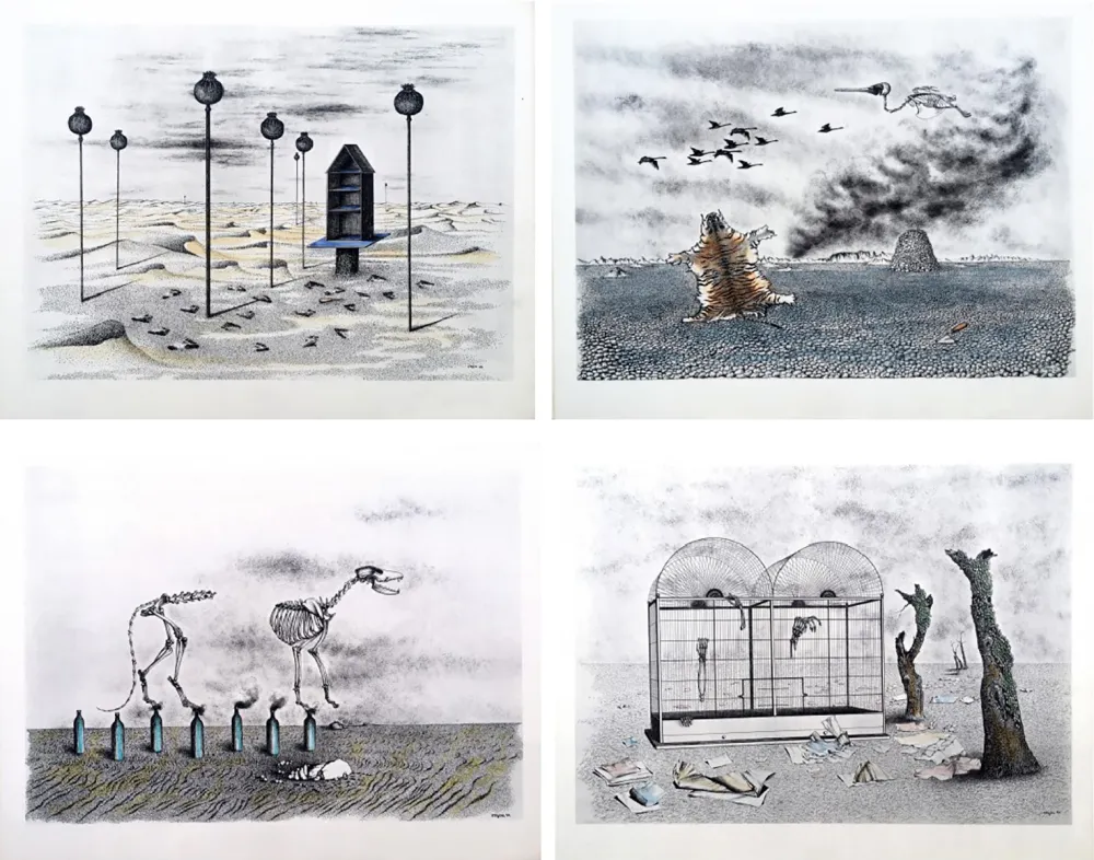 Иллюстрированная Книга Toyen - Jindrich Heisler : CACHE-TOI GUERRE ! Cycle de Neuf Dessins. 1944. Ex. aquarellé.