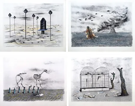 Иллюстрированная Книга Toyen - Jindrich Heisler : CACHE-TOI GUERRE ! Cycle de Neuf Dessins. 1944. Ex. aquarellé.