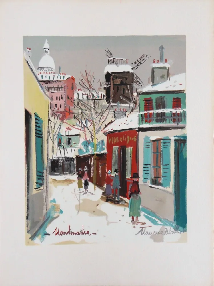 Литография Utrillo - Montmartre : le Moulin de la Galette et le Sacré Coeur sous la neige