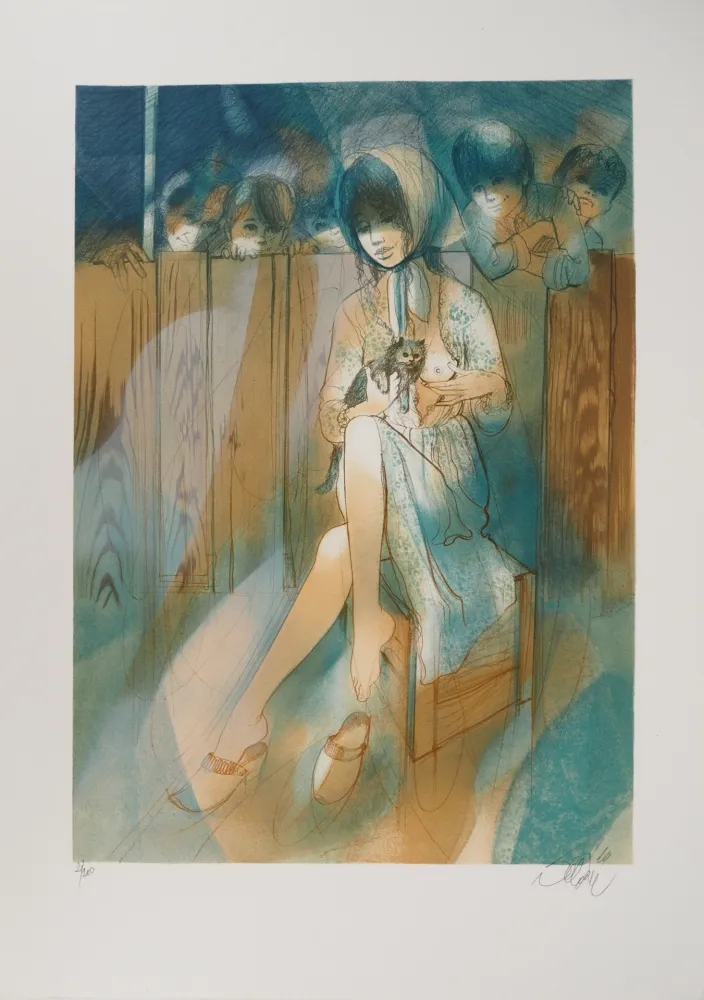 Литография Valadie - Brassens, Brave Margot et son chat