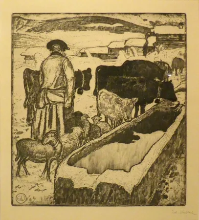 Офорт И Аквитанта Vallet - Le troupeau à l'abreuvoir / Die Herde an der Tränke