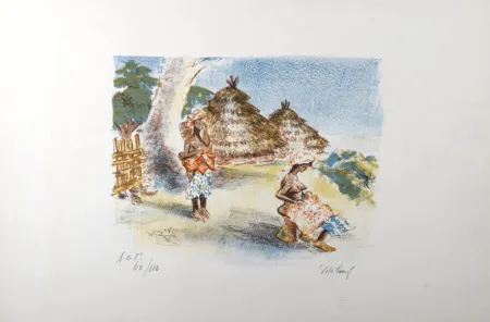 Литография Villeboeuf  - Deux femmes africaines au village, c.1970, Hand-signed!
