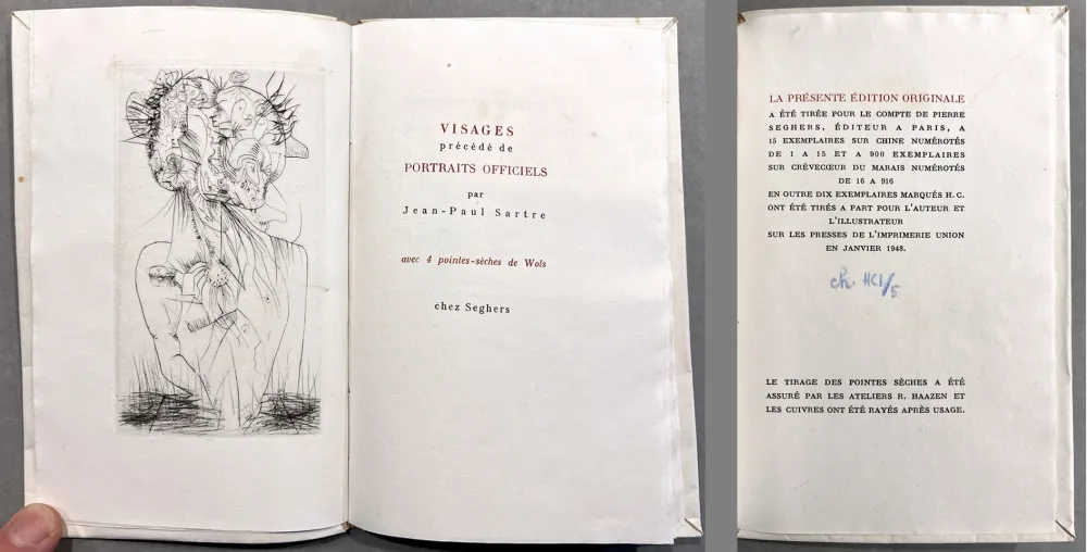 Иллюстрированная Книга Wols - Sartre. VISAGES. 4 pointes-sèches de Wols. 1 des 15 ex. sur Chine (1948)