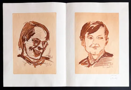 Литография Baselitz - Georg Baselitz (1938) – Doppelporträt Heiner Friedrich und Franz Dahlem – Heliogravure on bifolio – 1971