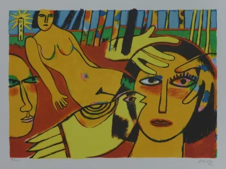 Литография Corneille - Femme à l'oiseau