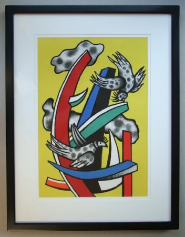 Литография Leger - Composition aux deux oiseaux sur fond jaune, 1955