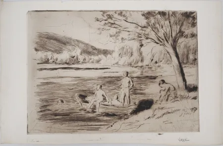 Гравюра Сухой Иглой Luce - Maximilien LUCE - Baigneurs à la rivière, Bessy Vers 1890 - Gravure originale signée