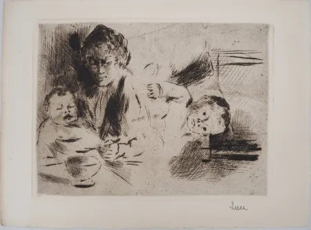 Гравюра Сухой Иглой Luce - Maximilien LUCE - Maternité : le repas et le coucher de l'enfant Vers 1895 - Gravure originale signée