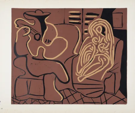 Линогравюра Picasso (After) - Femme dans un fauteuil et guitariste, 1962